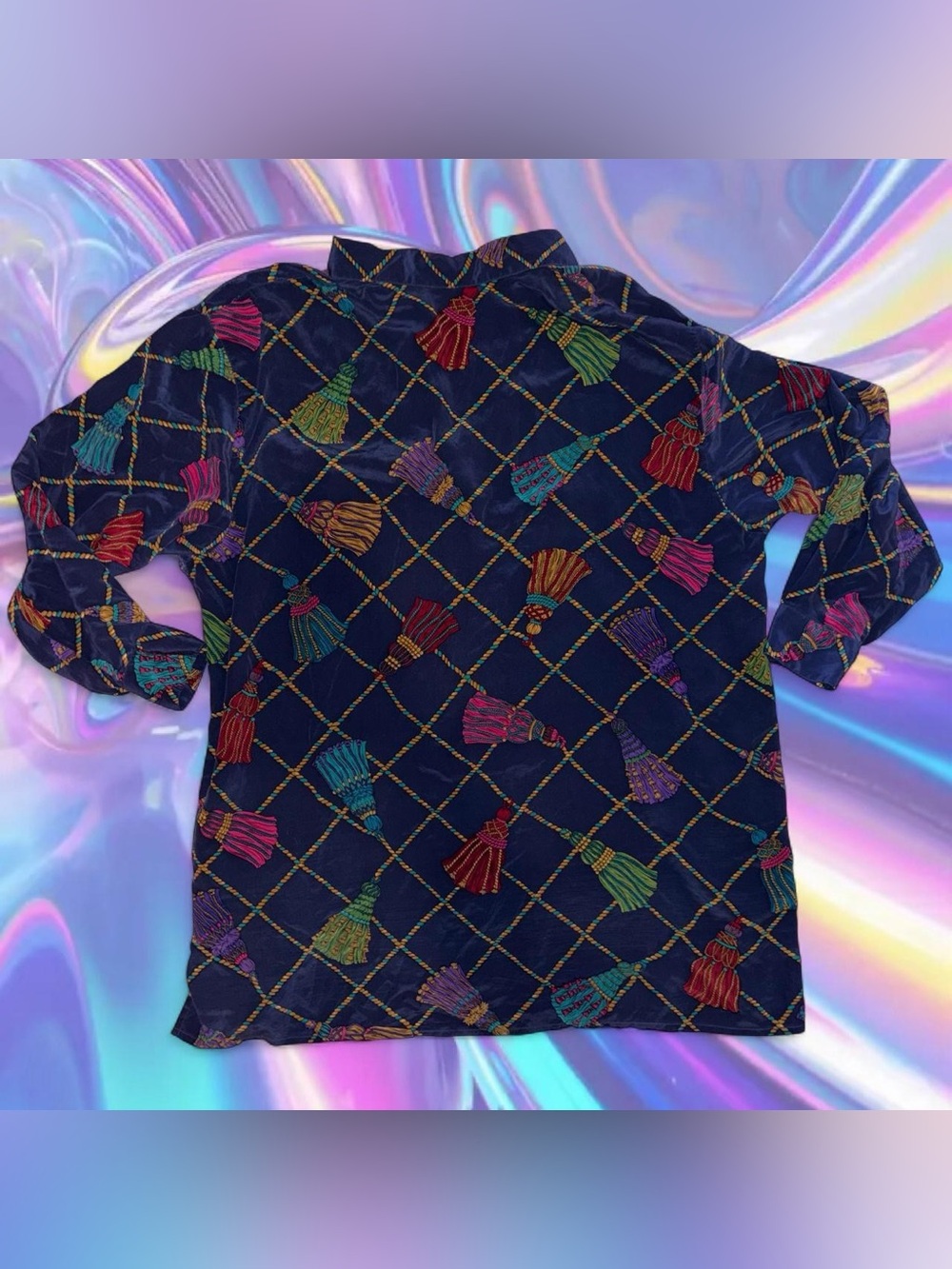 vtg 90s silk rainbow tassel print blouse - elisabeth by liz claiborne sz 2x - Picture 3 of 4
